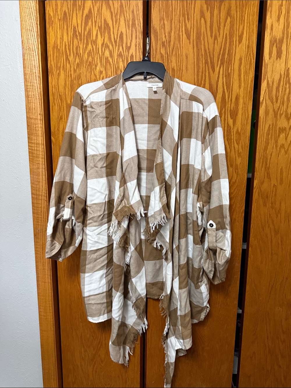 Maurices Brown & White Plaid Fringe Open Front Cape